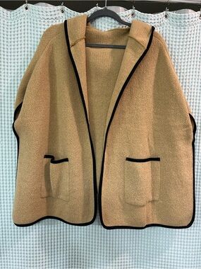 Camel Hooded Open-Front Coatigan with Black Trim
